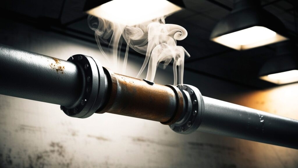 A leaking black pipe joint in need of repair