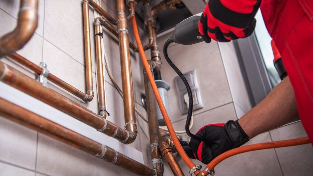 Copper pipework being checked for leaks
