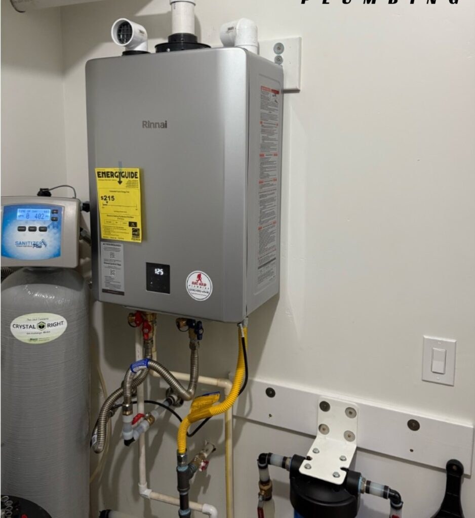 A wall-mounted tankless water heater